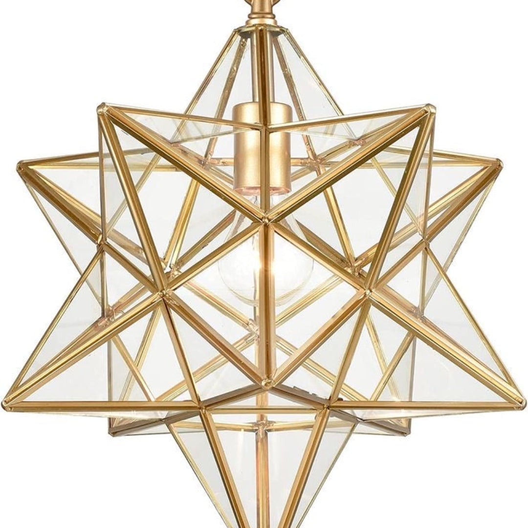 Bohemian style gold brass star light hanging from a ceiling canopy, perfect for hallway lighting.