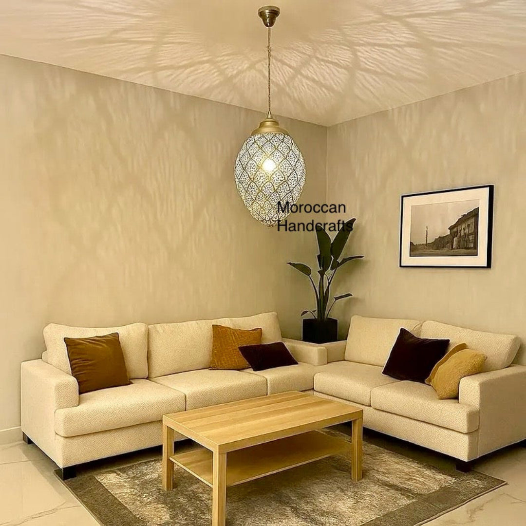 Moroccan lantern featuring multicolored stained glass panels set in brass metalwork, offering a vibrant burst of color