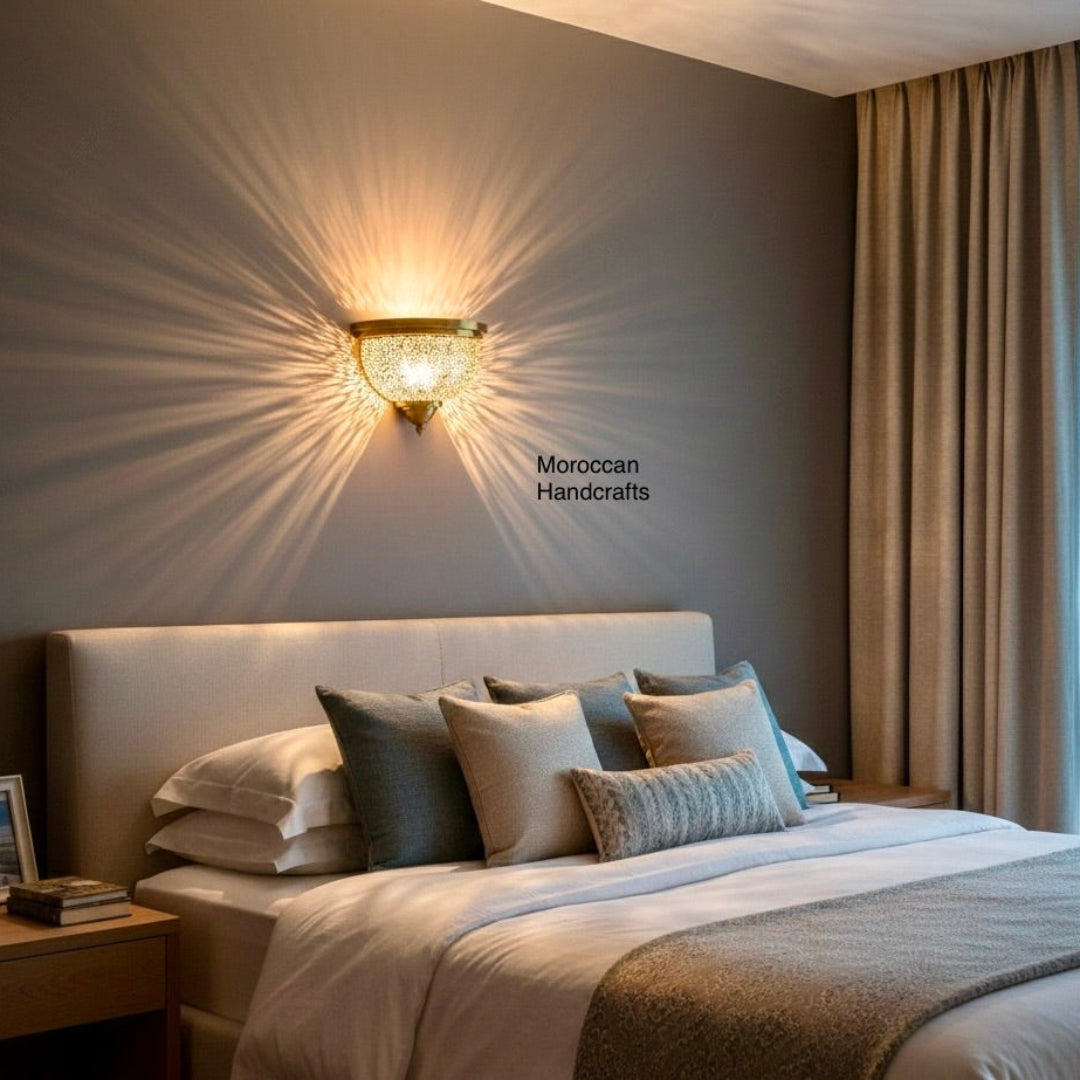 Oriental style wall light creating decorative shadow patterns on white wall.