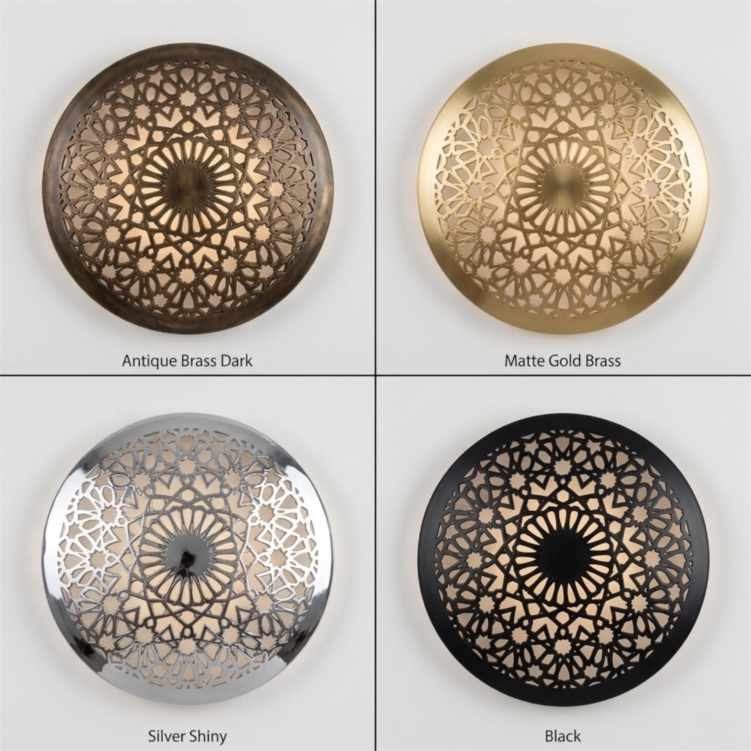 Four finish variations of the handmade brass flush mount lamp including Antique Brass Dark, Matte Gold Brass, Silver Shiny, and Matte Black.