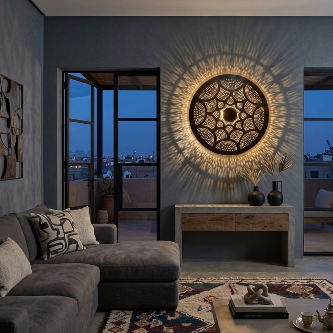 Large contemporary living room interior featuring an oversized modern Moroccan brass ceiling light used as a decorative wall fixture with dramatic shadow effects.