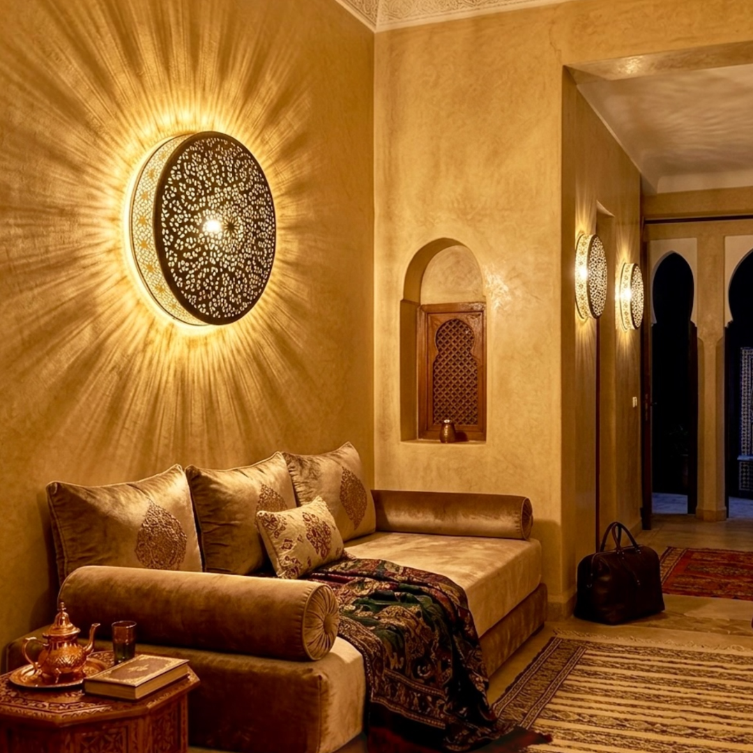Luxury Moroccan style living room interior featuring illuminated brass wall lamps creating an ambient atmosphere over a modern sofa.
