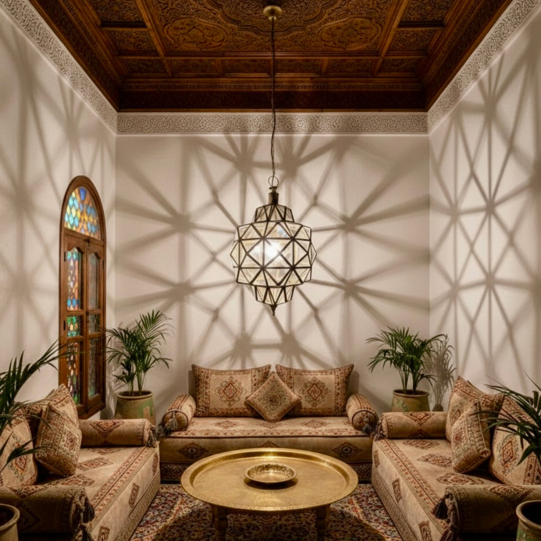 Unique brass star pendant light, handcrafted in Morocco for worldwide shipping and high-end decor.