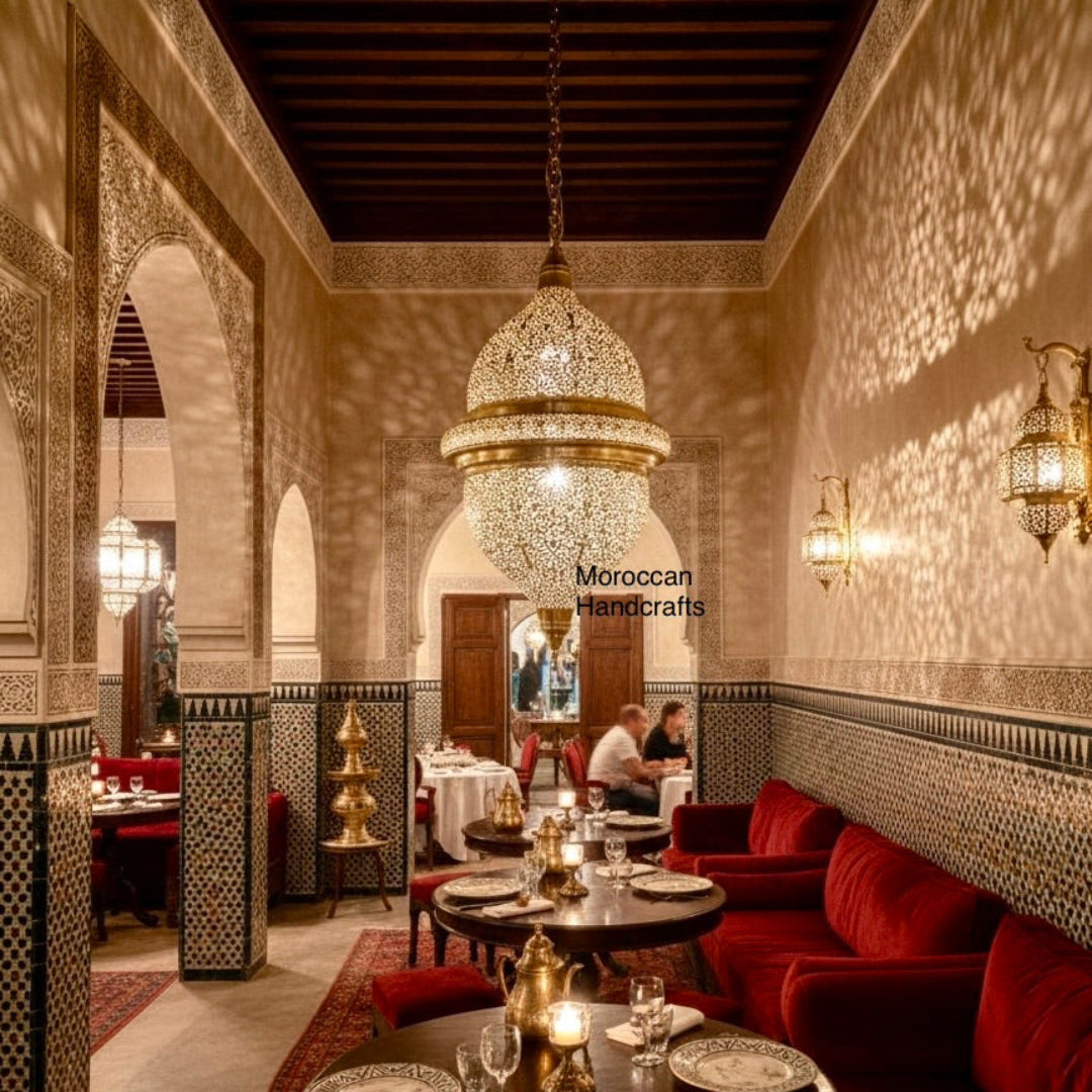 Large Moroccan brass ceiling lamp casting intricate geometric shadow patterns on a living room ceiling.