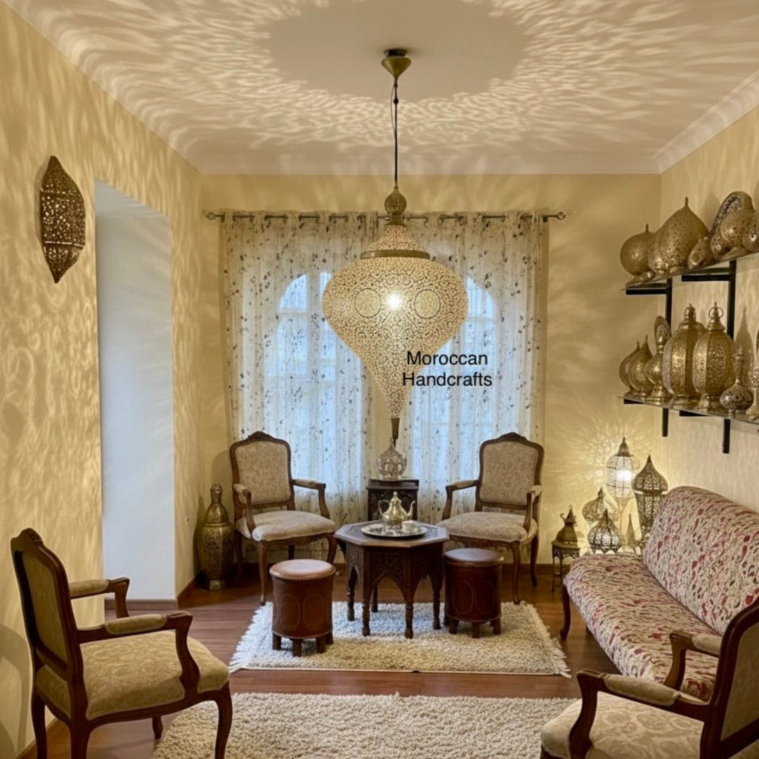 Close-up of a perforated brass Moroccan hanging lamp showcasing the fine traditional engraving and warm, dramatic light effect.