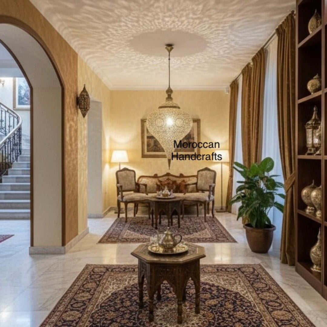 Handmade Moroccan brass lantern illuminating a cozy corner with carved wood furniture and decorative metal lanterns on a shelf.