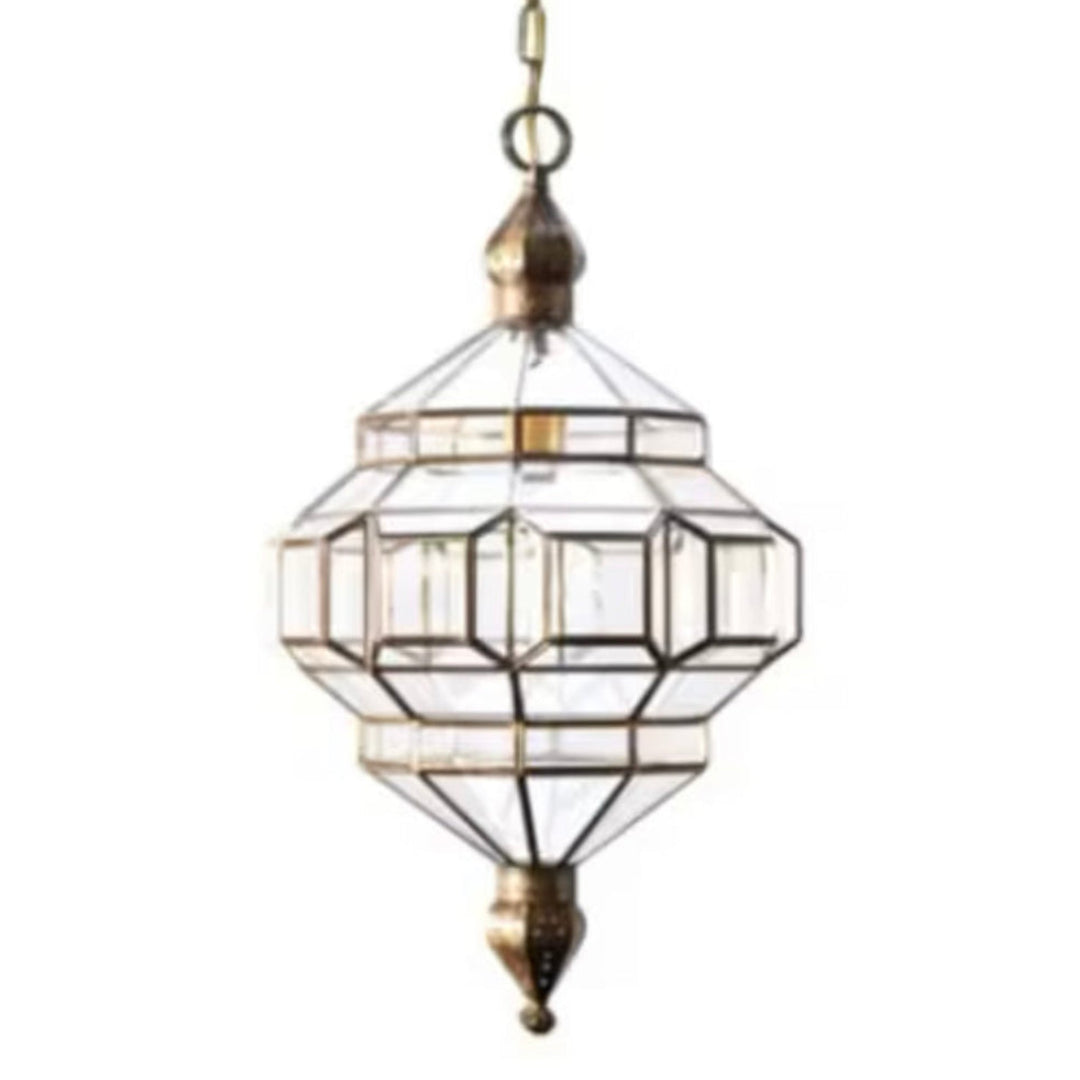 Artisanal Moroccan brass chandelier hanging from a chain handcrafted by Moroccan artisans.