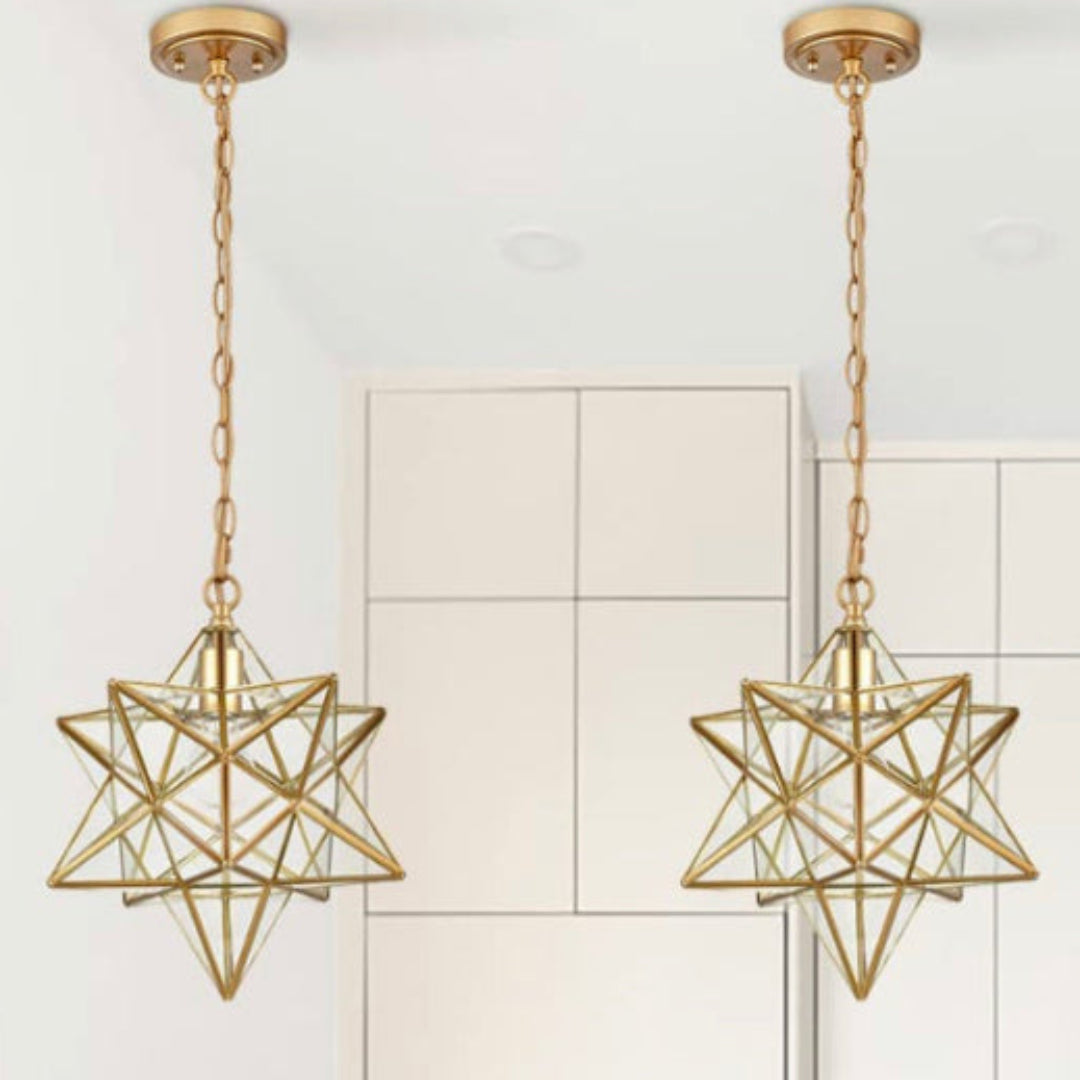 Traditional Moroccan star-shaped pendant lamp handmade by skilled artisans in Morocco.