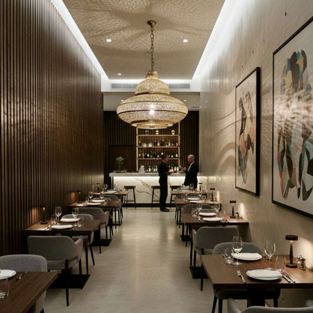 A large, intricate Moroccan brass chandelier hanging in a modern luxury hotel lobby, casting geometric light patterns on the ceiling and walls.
