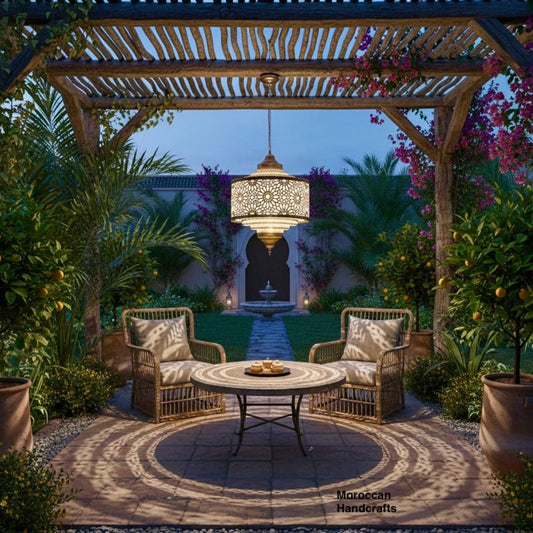 Detailed view of a handmade Moroccan brass pendant light with traditional floral star patterns.