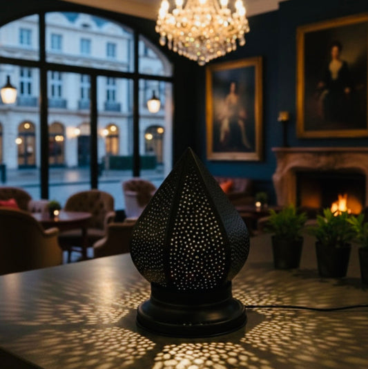 Handmade Moroccan brass lamp casting intricate patterns in a luxury classic living room.