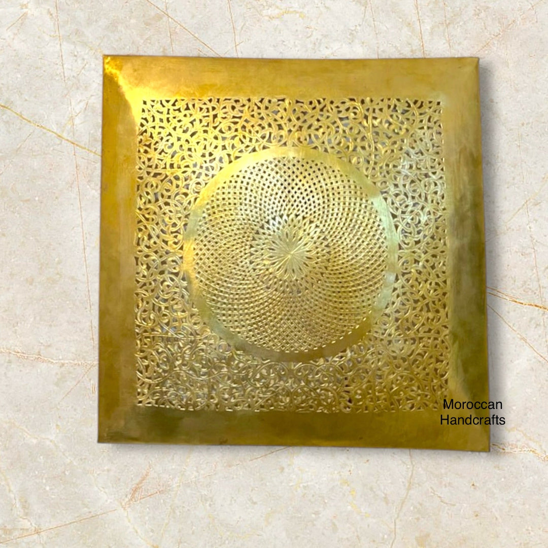 Handmade Square Moroccan lantern with intricate floral and geometric brass filigree design.