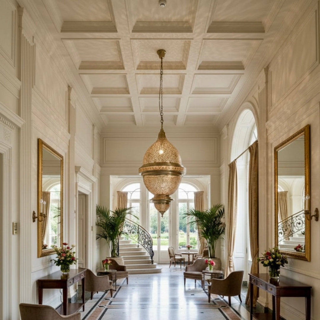 Minimalist bedroom decor featuring a Moroccan perforated brass lamp with beautiful ceiling light patterns.