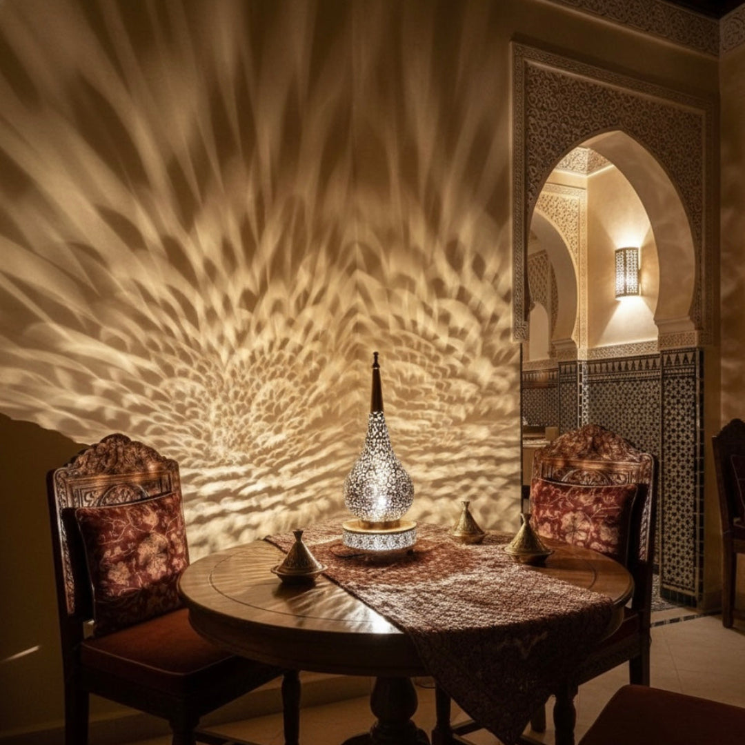 Authentic Moroccan brass lantern lamp featuring traditional Arabesque patterns.