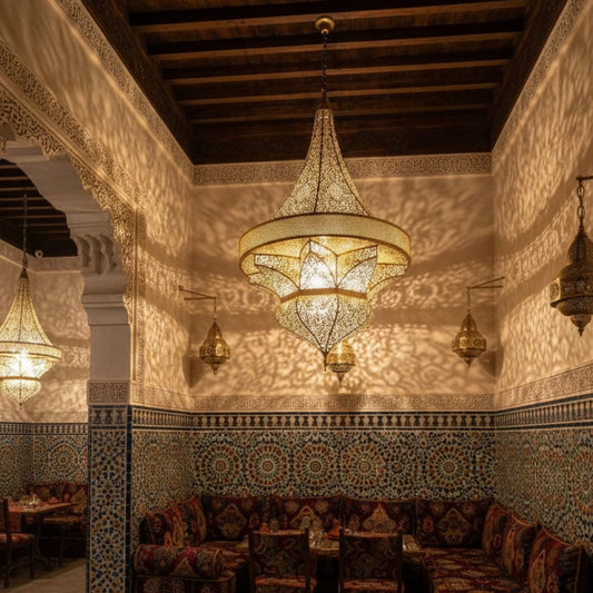 Large Moroccan pierced metal lantern casting intricate geometric shadows on walls, creating a warm ambient atmosphere in a luxury interior.