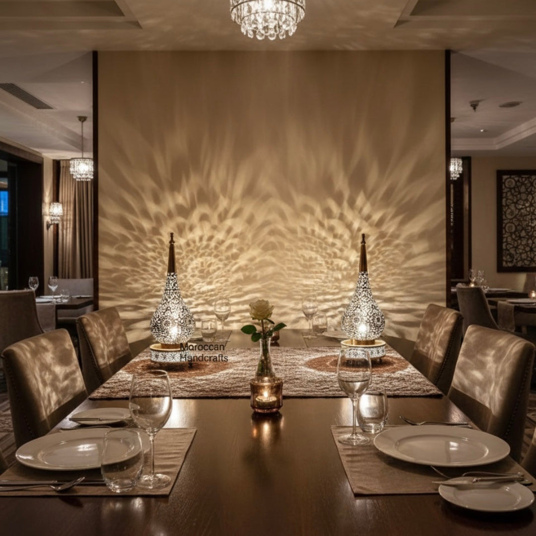 Moroccan mood lighting brass lamp reflecting light through decorative perforations.