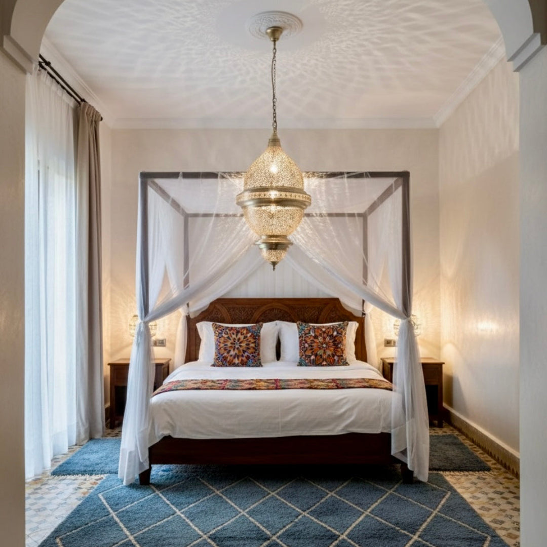 Handmade Moroccan brass lantern over a canopy bed creating a warm ambient glow in a bohemian bedroom.
