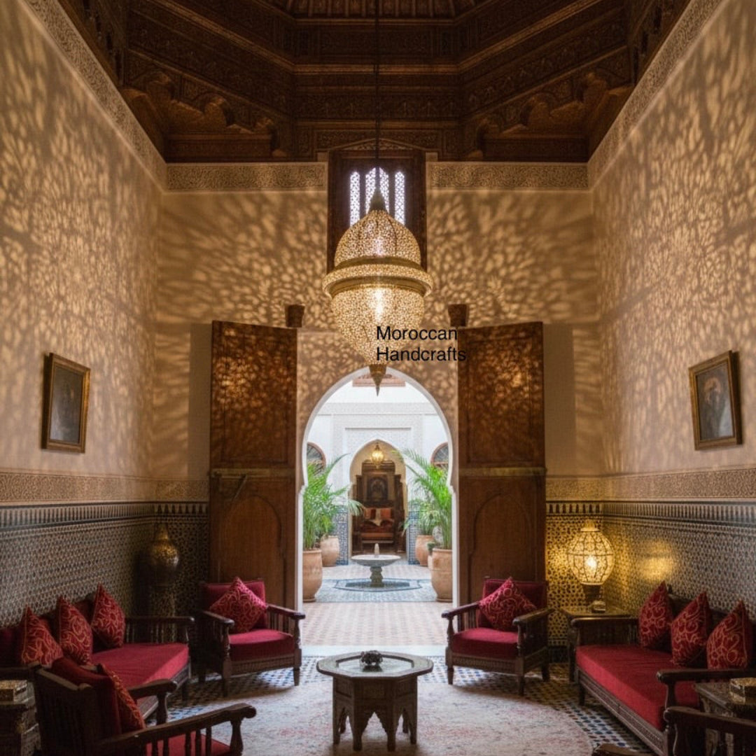  Elegant Moroccan teardrop-shaped brass lamp hanging in a bright, modern interior.