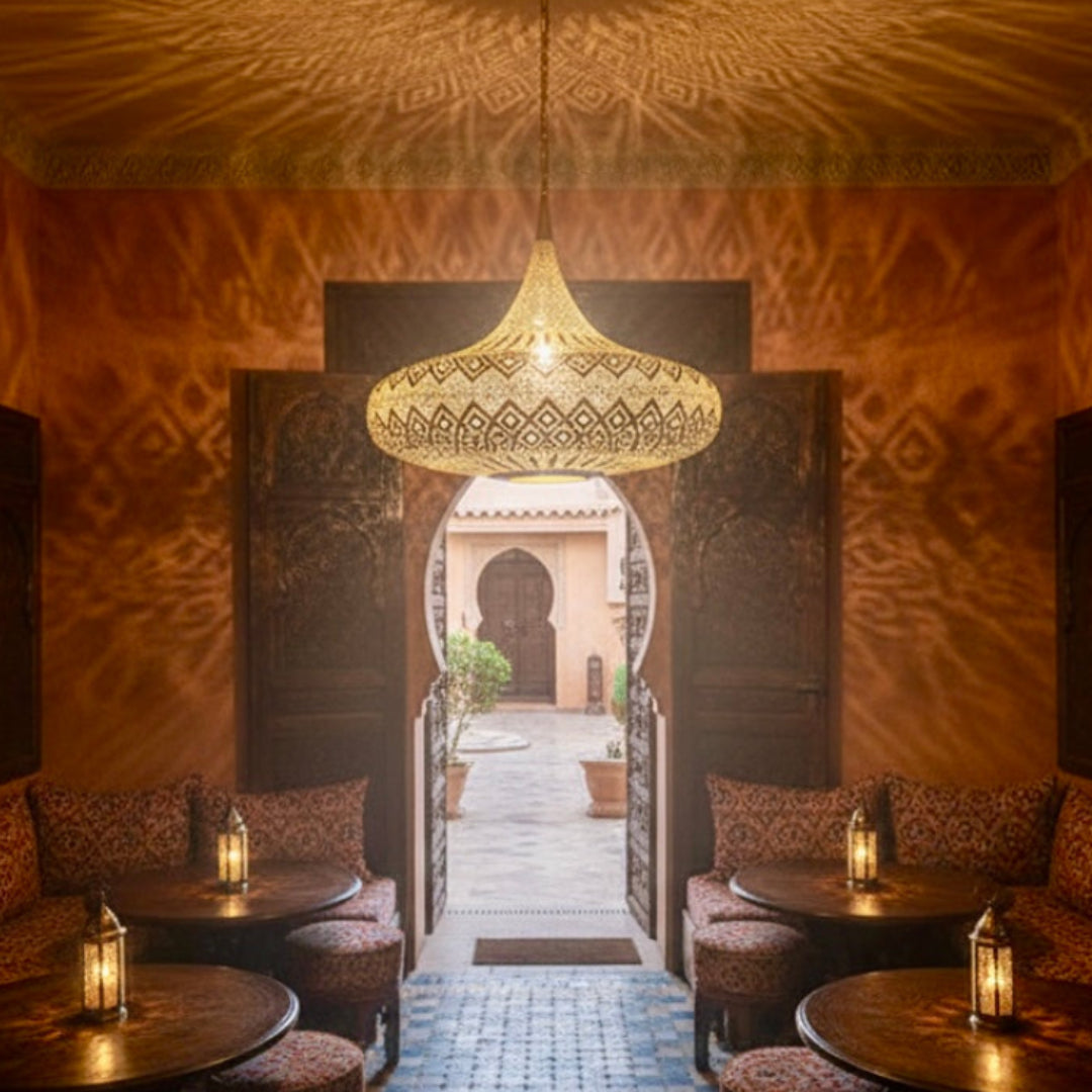 Traditional Moroccan interior with a brass ceiling lamp, hand-carved doors, and warm ambient lighting in a Riad setting.