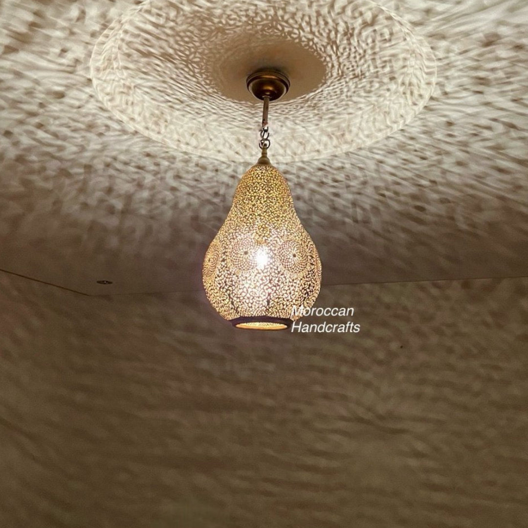  Pear-shaped Moroccan ceiling light fixture in brass, ideal for bohemian and Mediterranean interior design styles.
