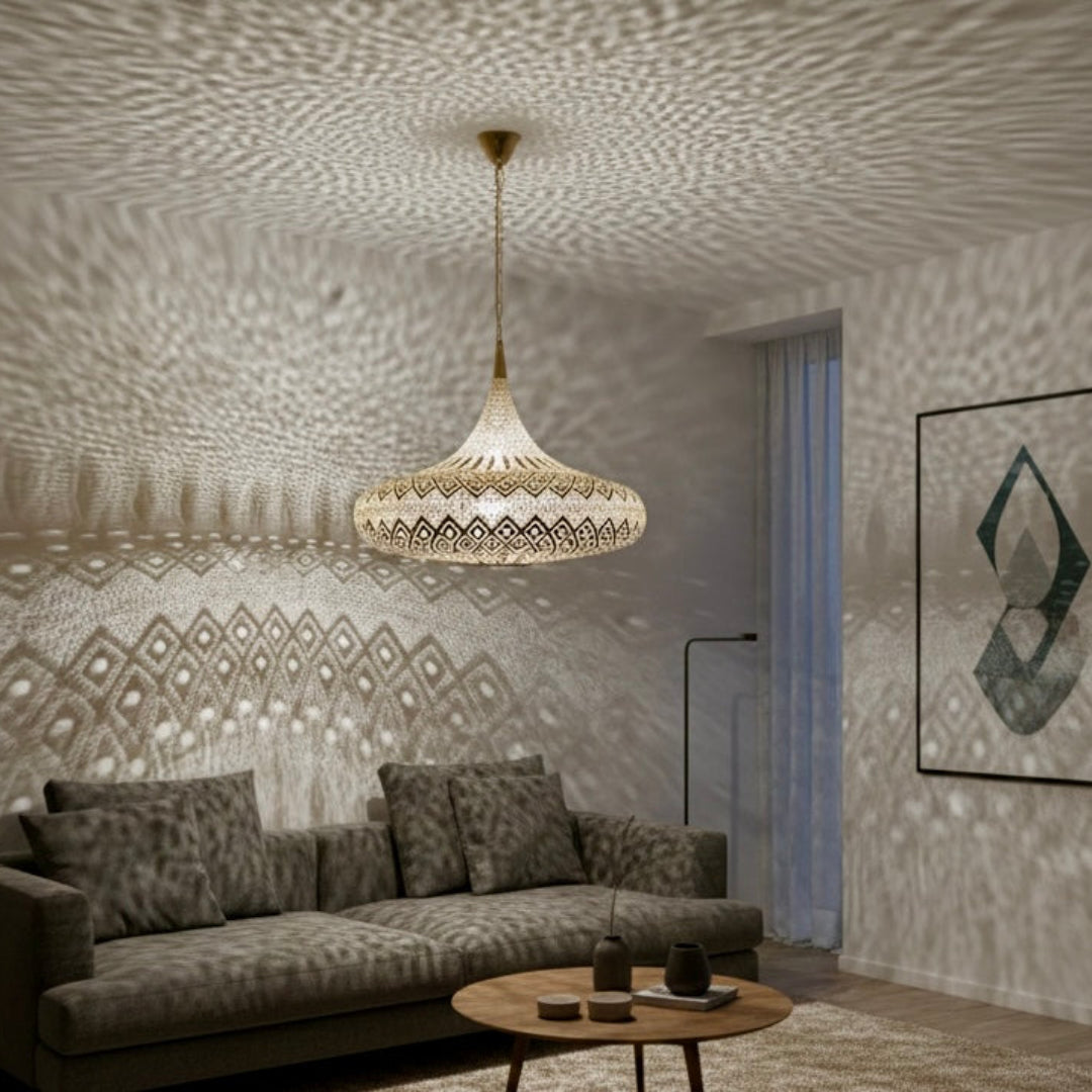  Cozy bedroom atmosphere with a Moroccan brass light fixture casting shadow patterns over a bed for a bohemian aesthetic.
