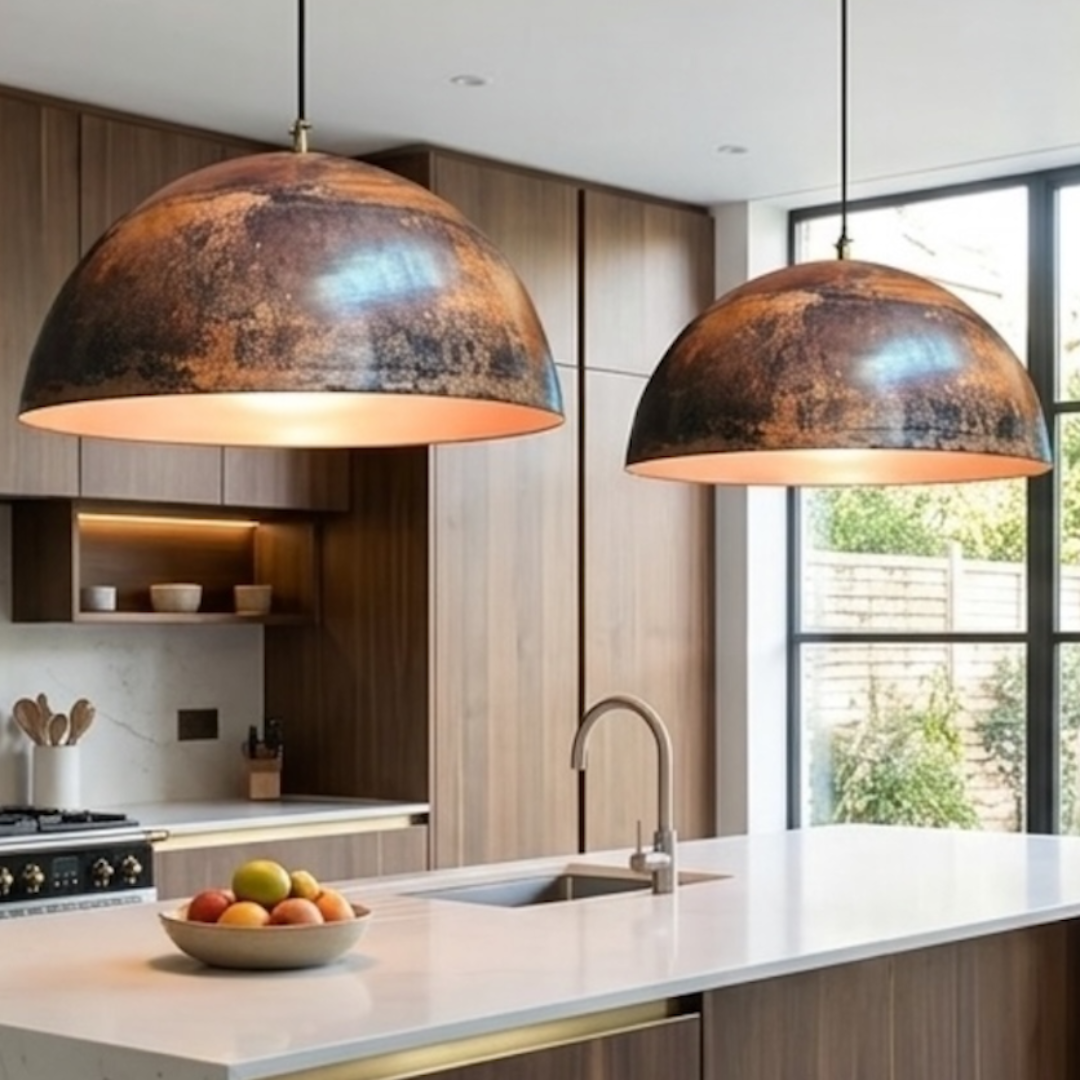 Set of two rustic Moroccan brass dome pendant lights hanging over a modern dark kitchen island