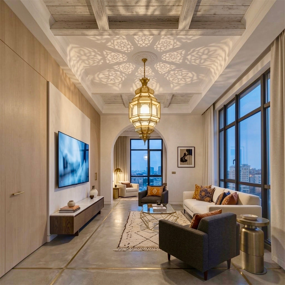 ⁠Traditional Moroccan salon decor featuring a hand-carved brass ceiling lamp with warm ambient glow⁠