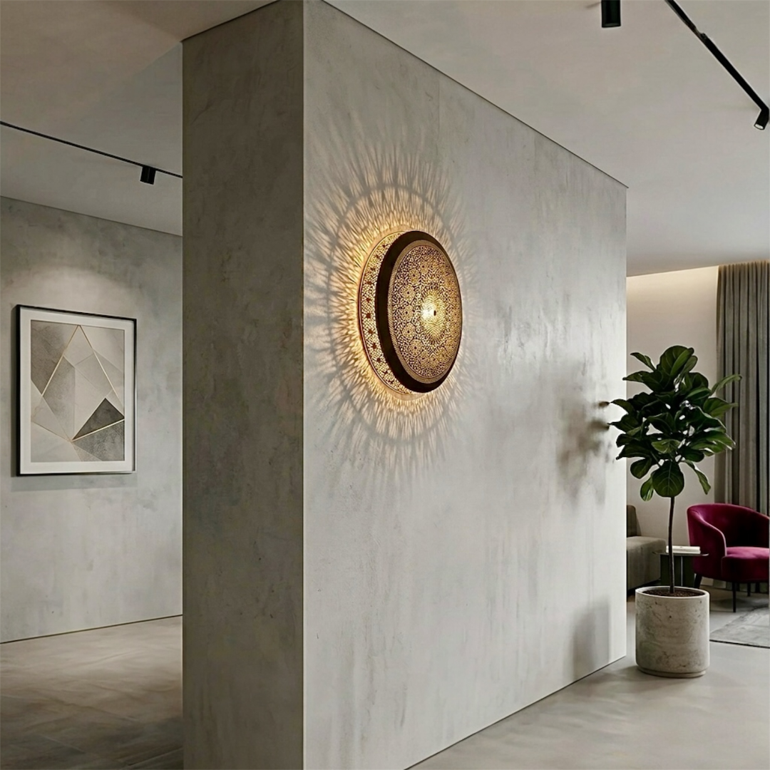 Direct view of an illuminated round Moroccan ceiling light fixture casting a dramatic radial geometric shadow across the ceiling.