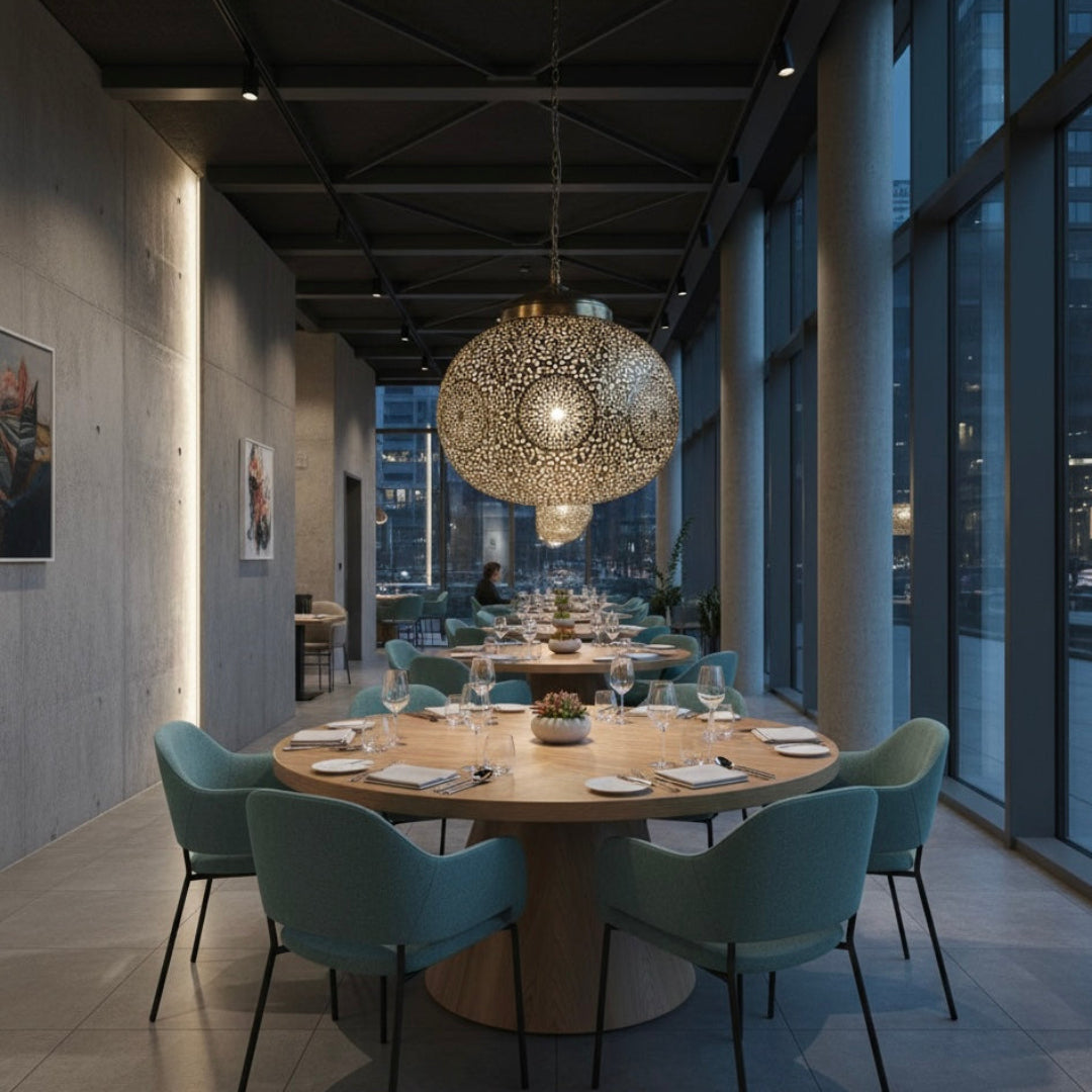 Multiple Moroccan brass globe lamps installed in a luxury restaurant interior for ambient lighting.