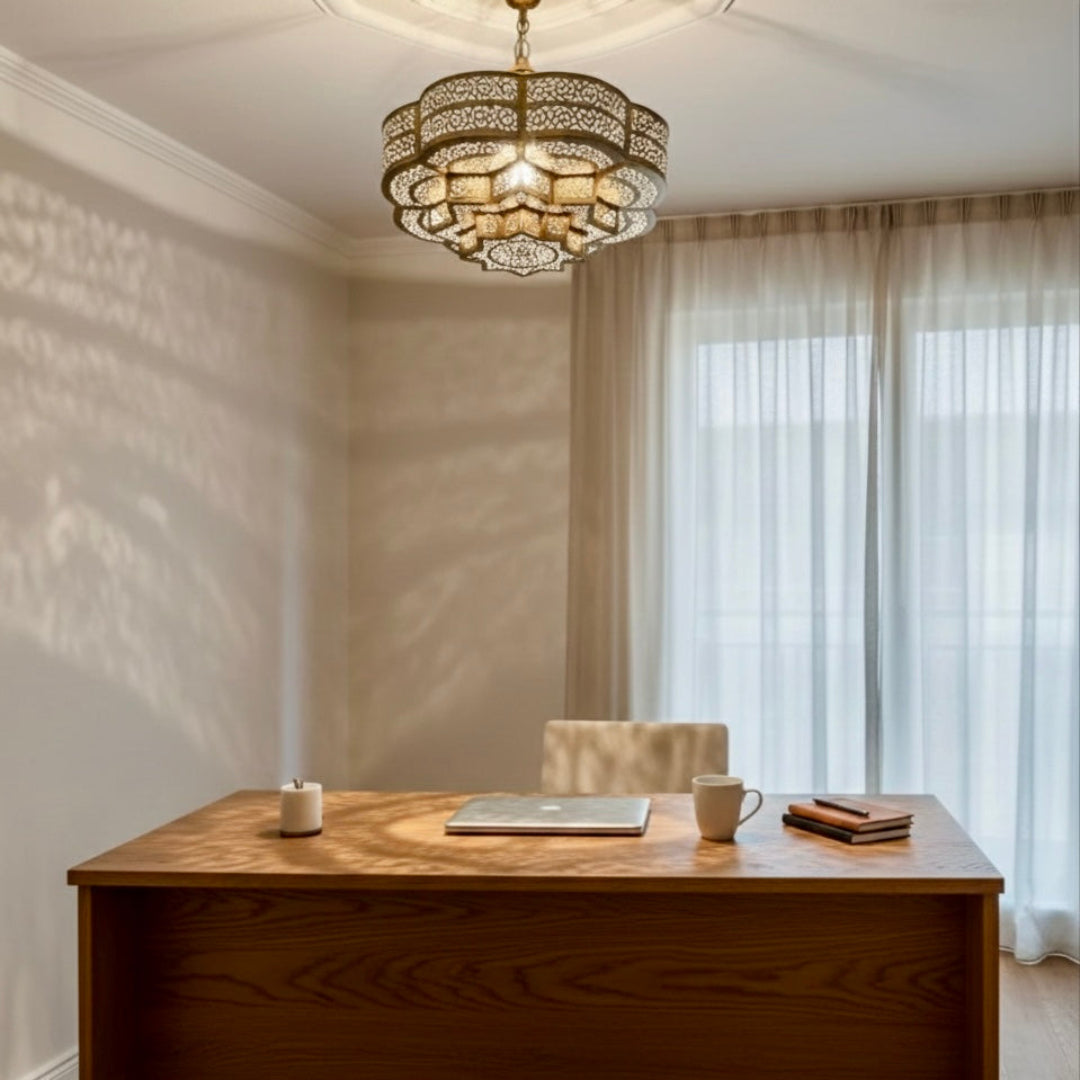  Detailed geometric Moroccan lamp hand-carved by artisans, showcasing authentic Moroccan craftsmanship and mood lighting.