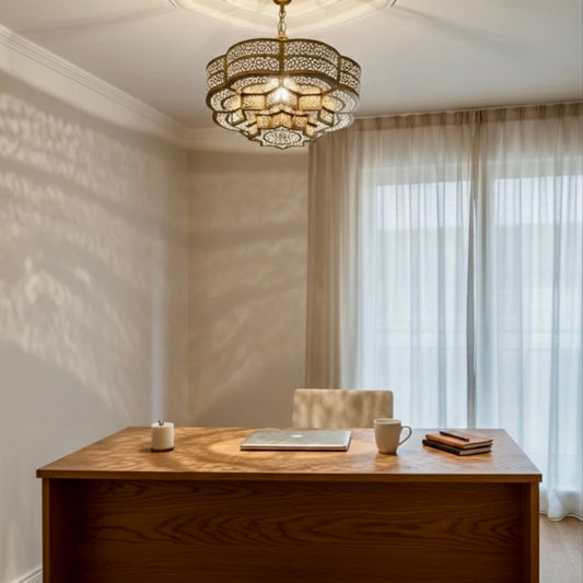  Detailed geometric Moroccan lamp hand-carved by artisans, showcasing authentic Moroccan craftsmanship and mood lighting.