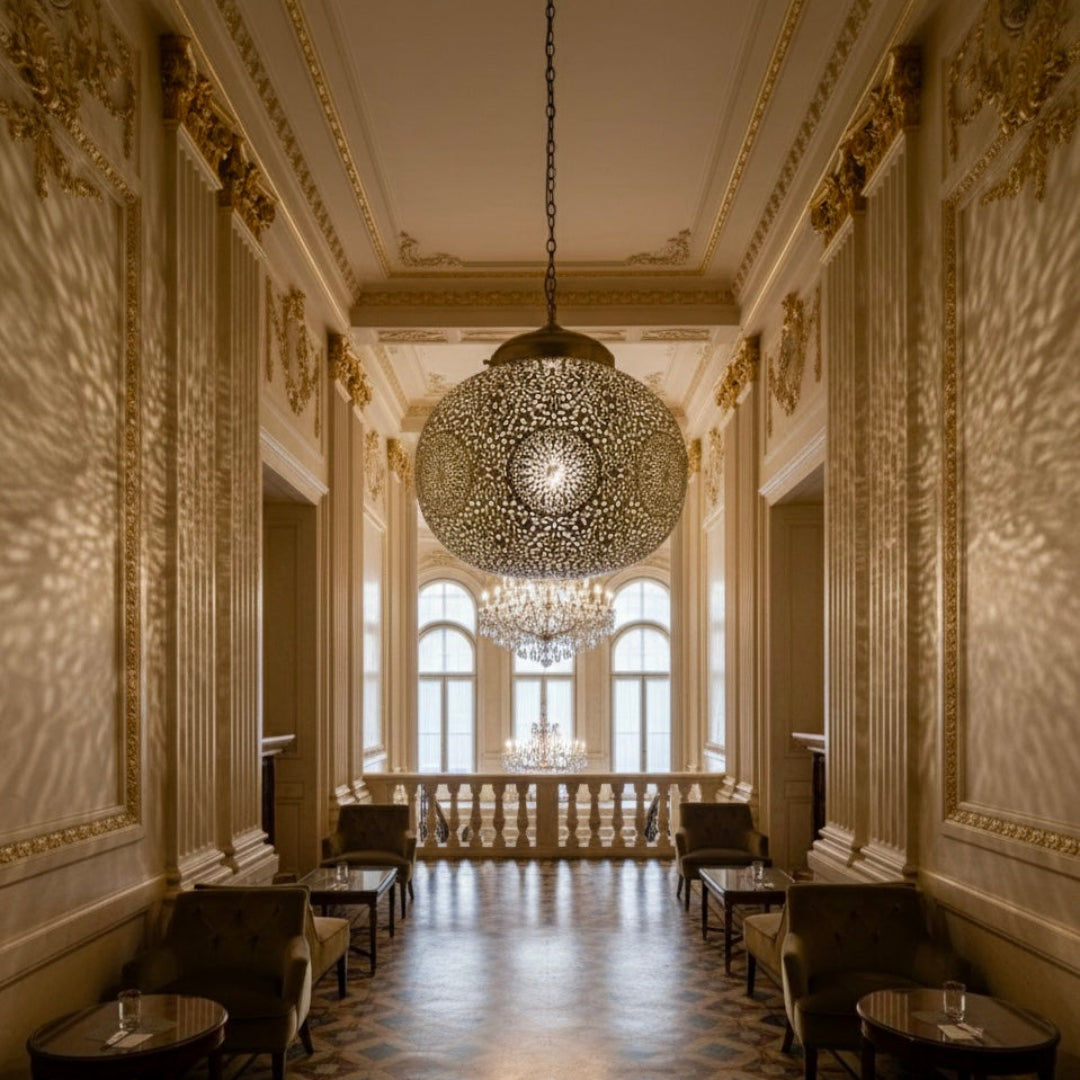 Close-up of a handcrafted Moroccan brass lamp with traditional geometric filigree patterns.
