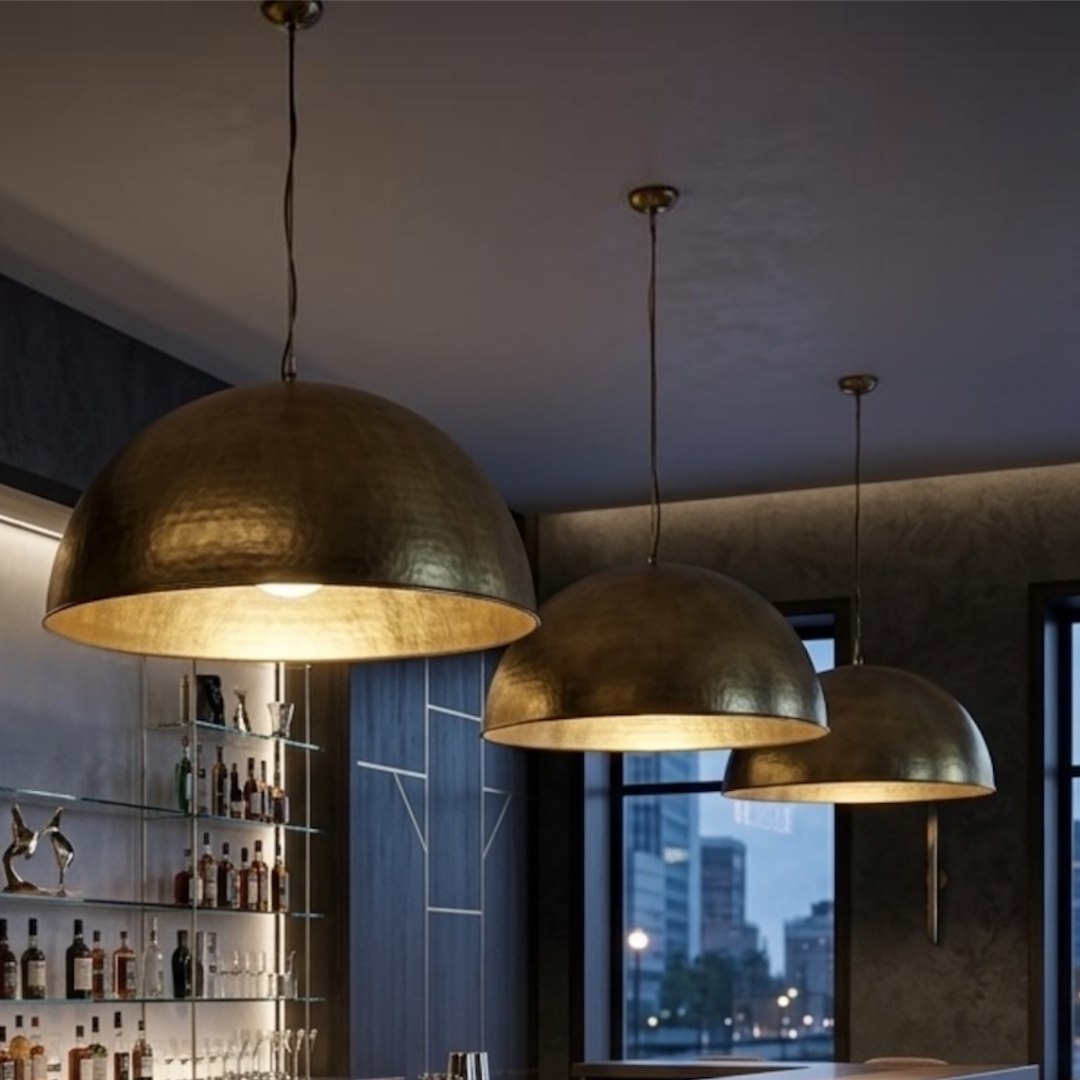 Trio of large modern Moroccan brass dome pendant lamps casting a warm glow over a luxury cocktail bar counter