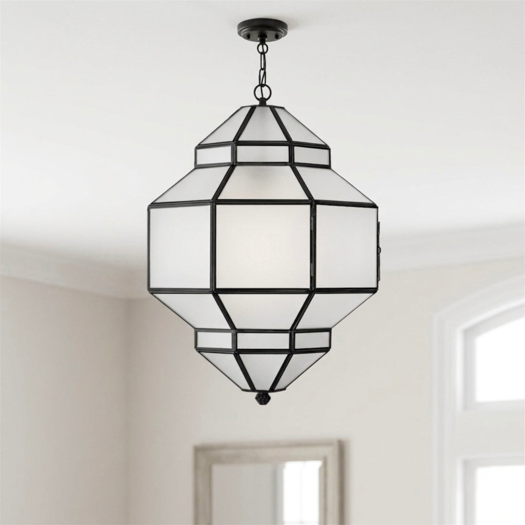 Modern Moroccan frosted glass pendant lantern mounted on a neutral ceiling in a minimalist home setting.⁠