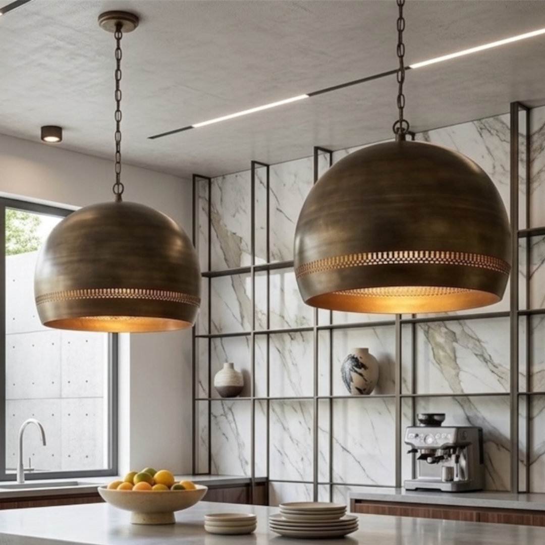 Pair of modern Moroccan brass dome light fixtures suspended over a wooden kitchen counter and bar stools
