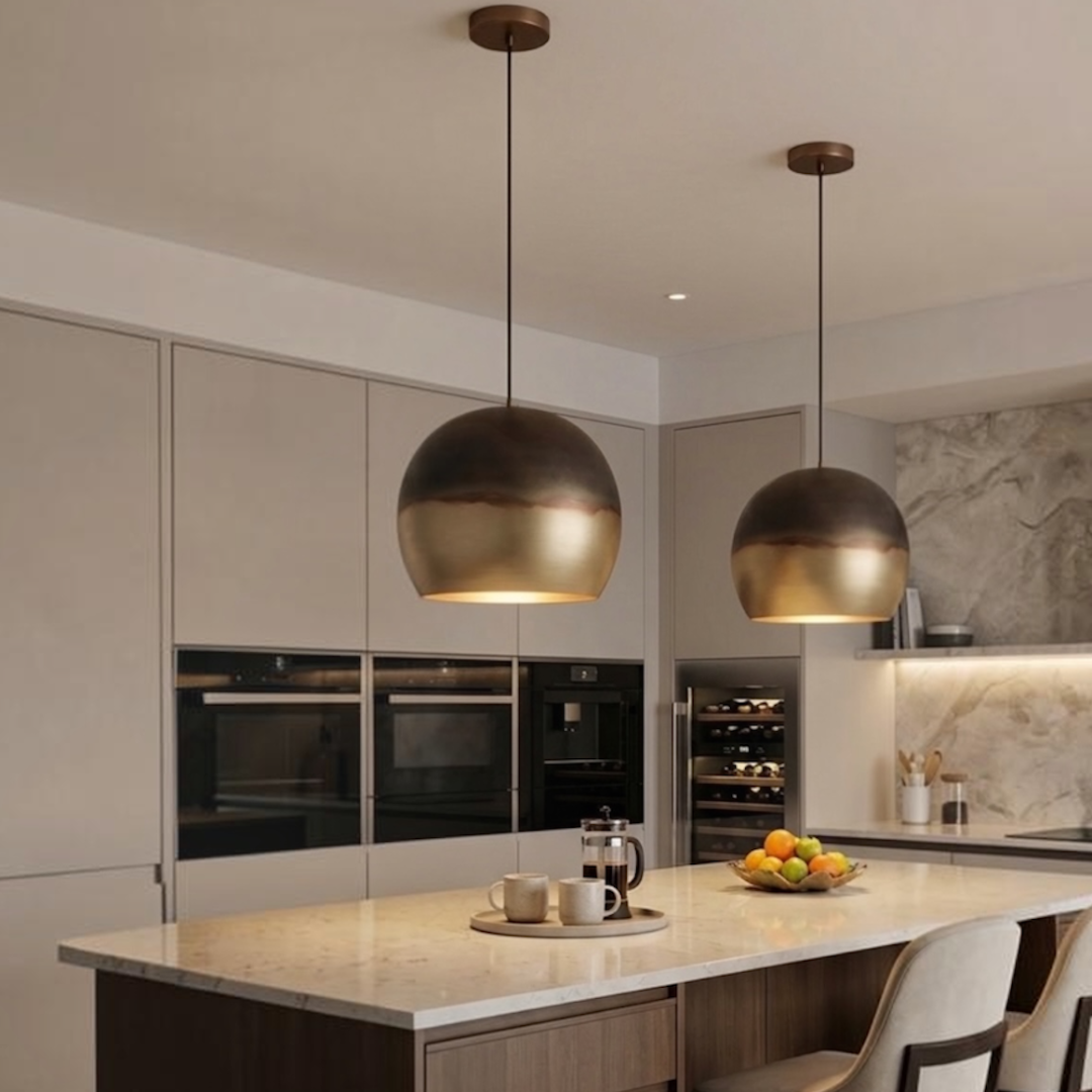  Two handcrafted brass dome pendant lamps with two-tone finish suspended over a modern kitchen island with marble countertops
