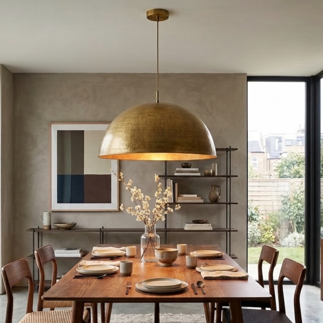 Large handcrafted Moroccan brass dome light fixture suspended over a Scandinavian style wooden dining table setup