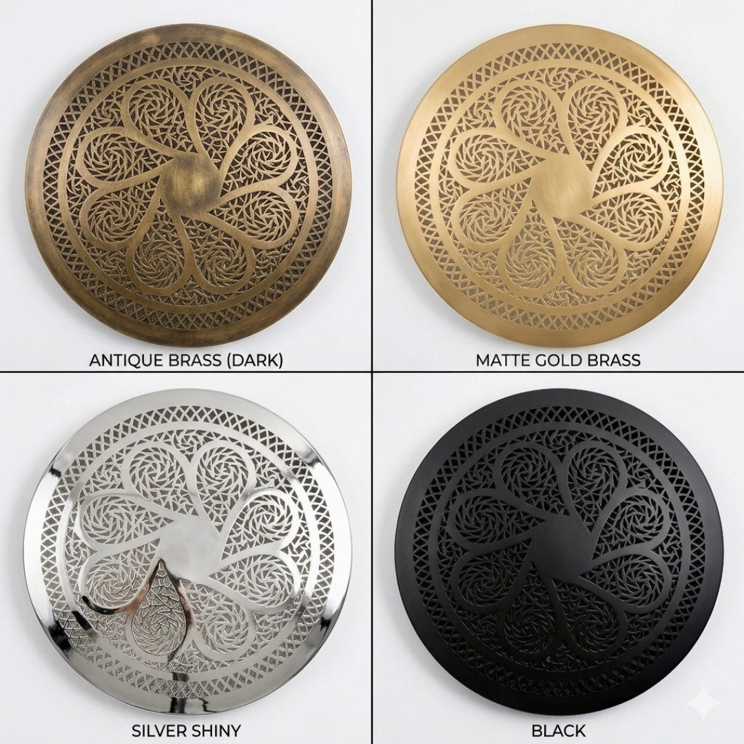  Four material finish options for the handmade Moroccan flush mount lamp: Antique Brass, Matte Gold Brass, Silver Shiny, and Matte Black.