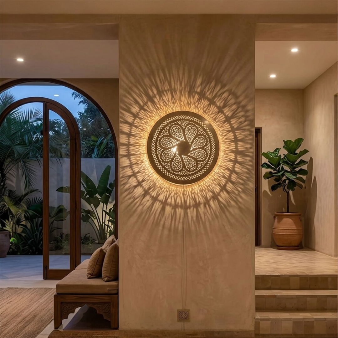 Large round Moroccan brass wall sconce illuminated on a plaster pillar in a luxury hallway, casting dramatic geometric shadow patterns across the wall.