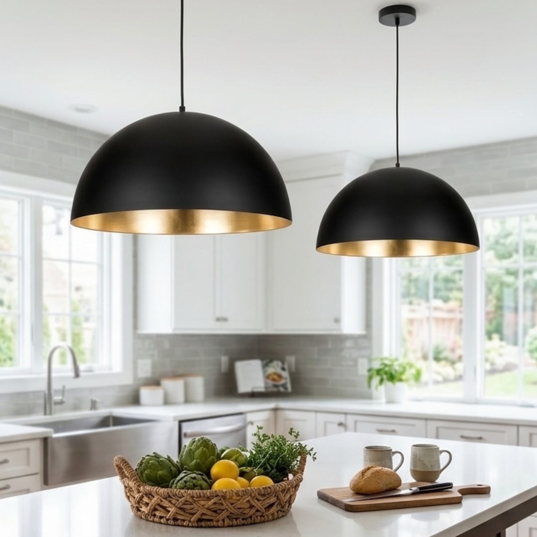  Pair of modern Moroccan dome lights with gold interior hanging over a white kitchen island