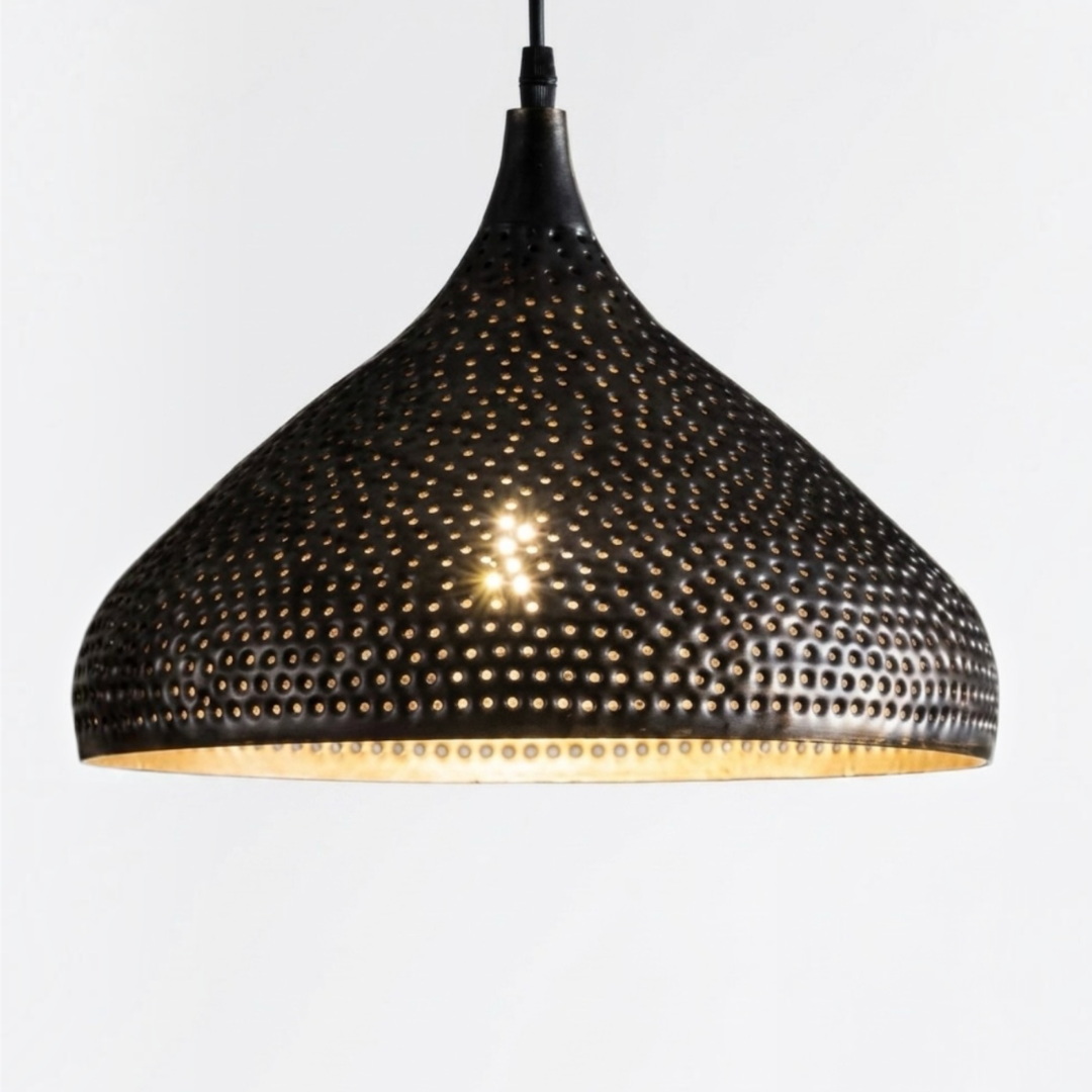 Handmade Moroccan modern dome pendant lamp in dark oxidized brass with intricate perforated patterns on a white background