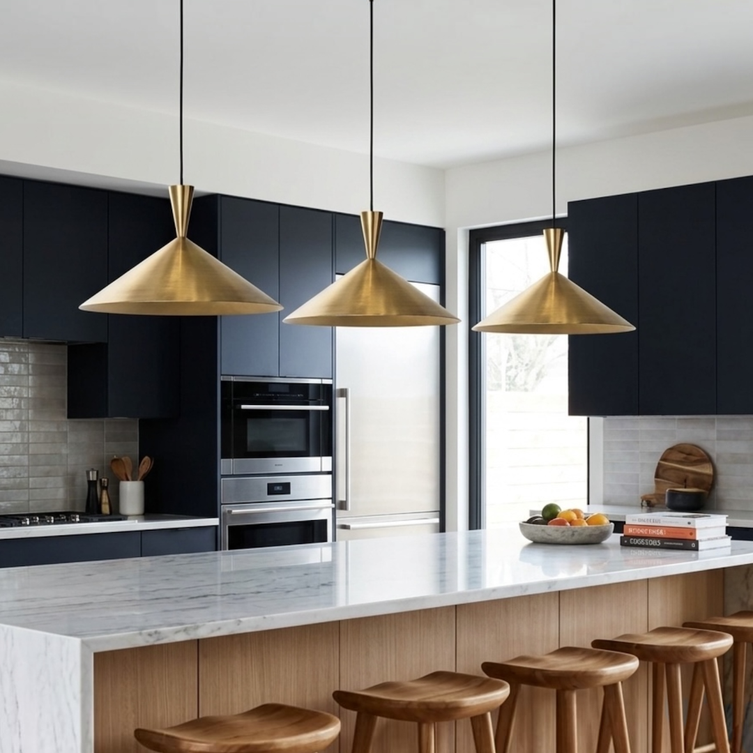 Trio of modern brushed brass cone pendant lights suspended over a marble kitchen island with modern dark cabinetry