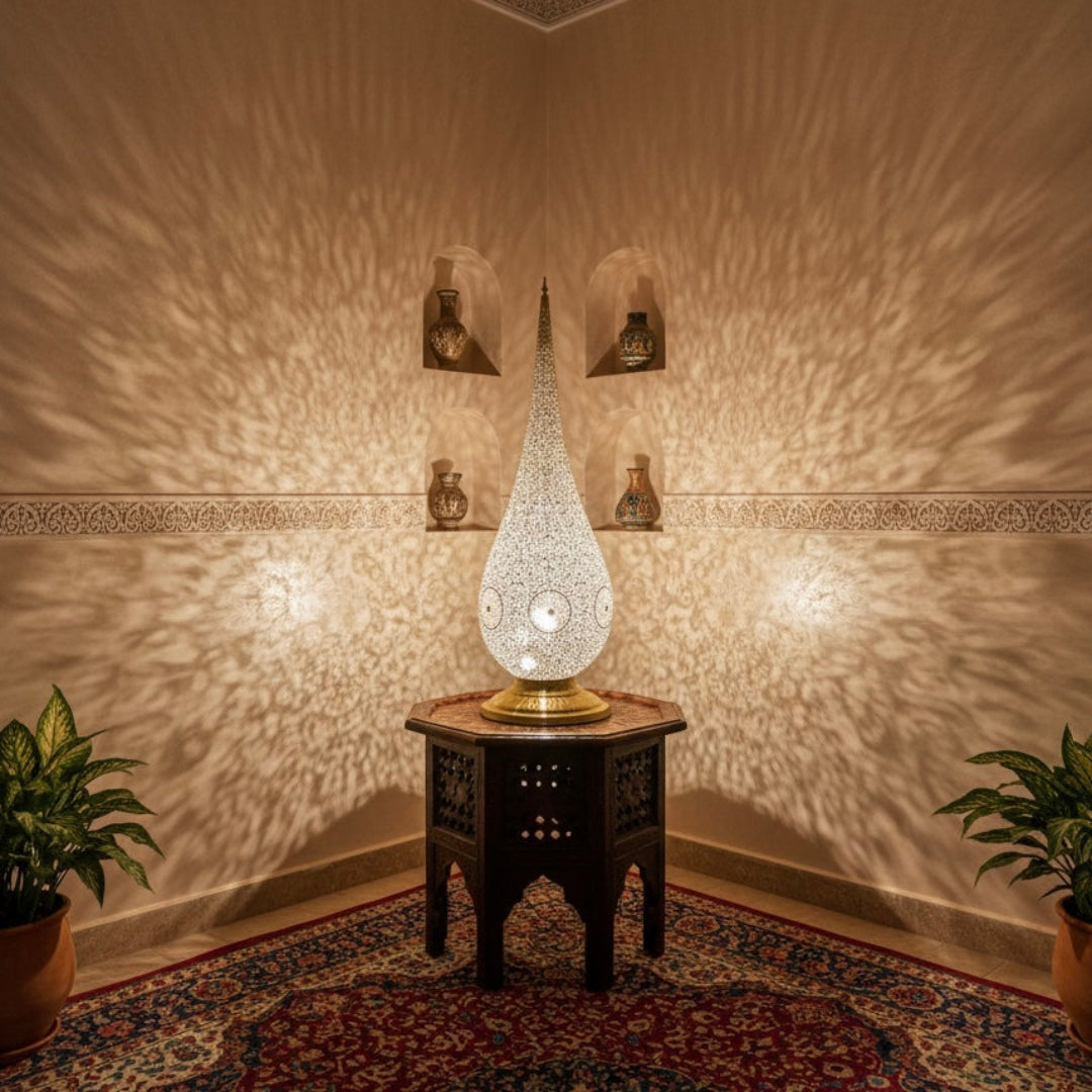 Close-up of a Moroccan brass lamp with a mirror reflection, highlighting the fine hand-pierced floral metalwork.