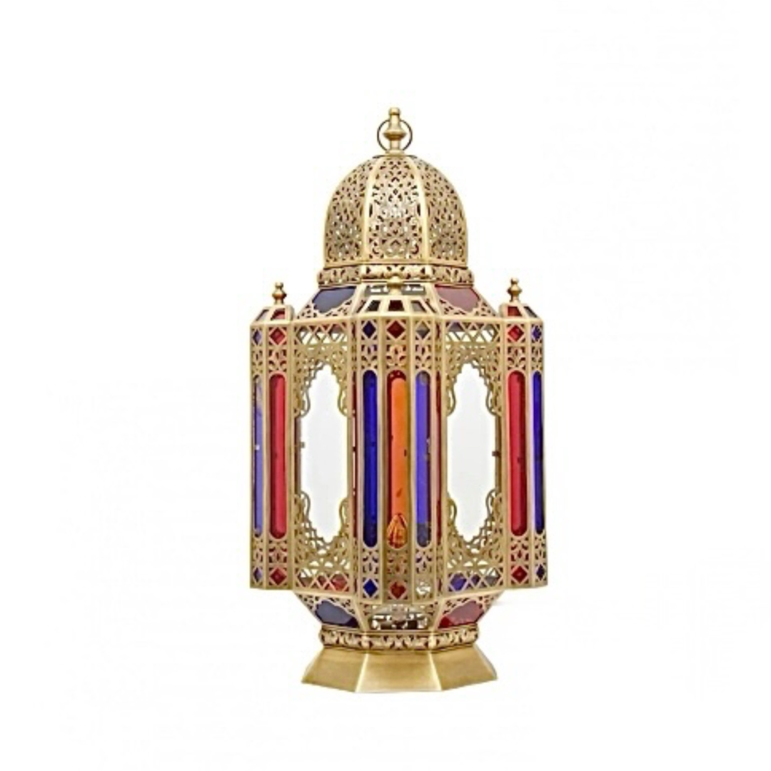 Traditional Moroccan brass table lamp with multicolored glass inserts, isolated on a clean white background for e-commerce.wall.