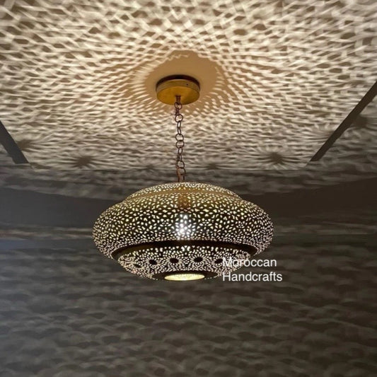 Handmade Moroccan ceiling lamp in antique brass finish, traditional dome shape for home decor.
