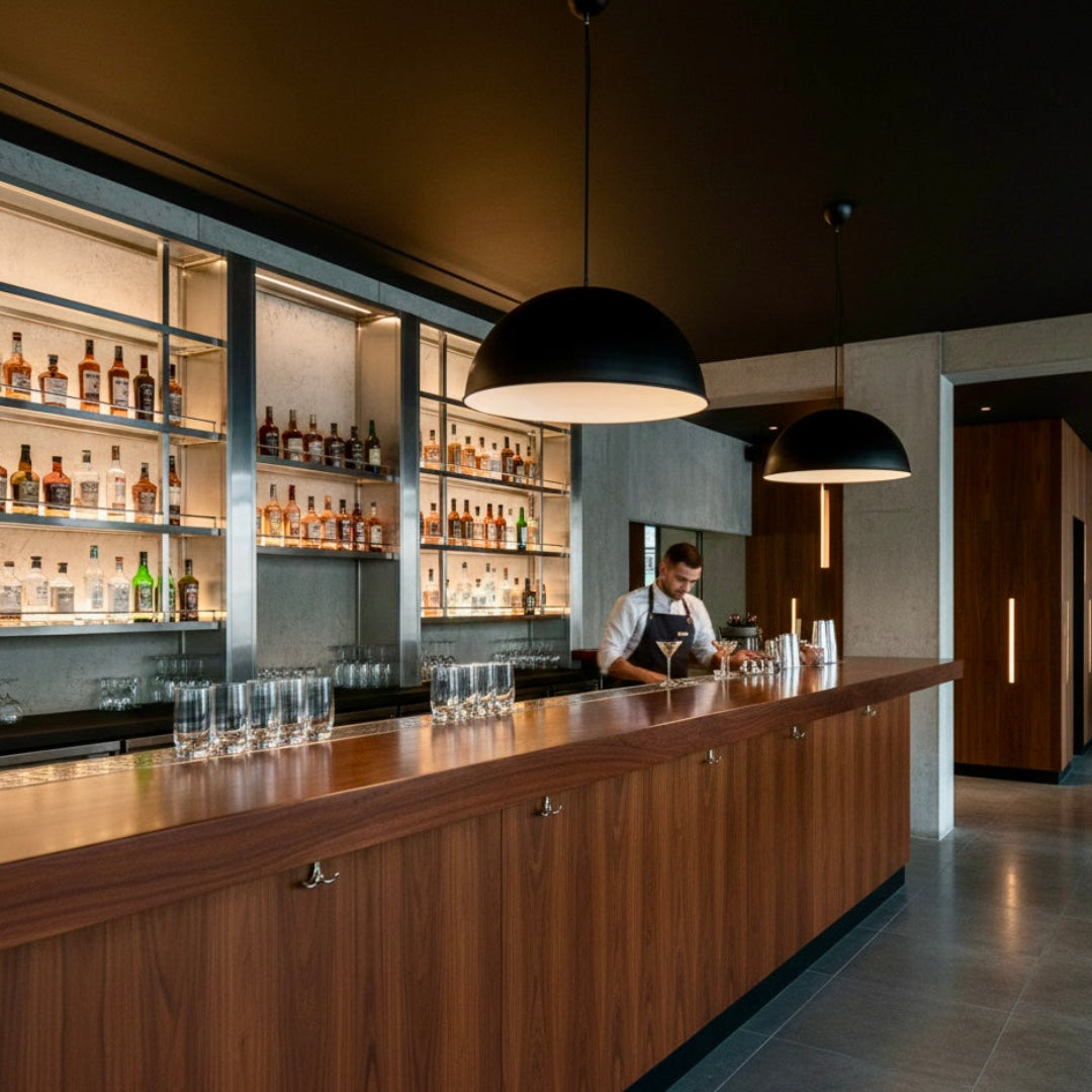 Large matte black Moroccan dome pendant light hanging over a modern wooden bar counter in a luxury lounge.