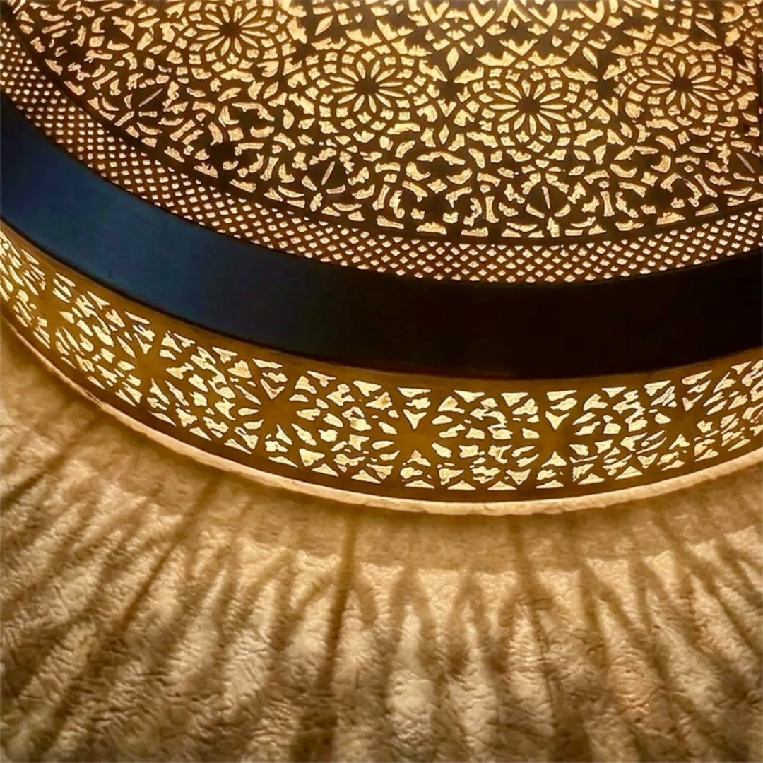  Unlit handmade solid brass Moroccan flush mount ceiling lamp against a neutral background showing detailed traditional metalwork.
