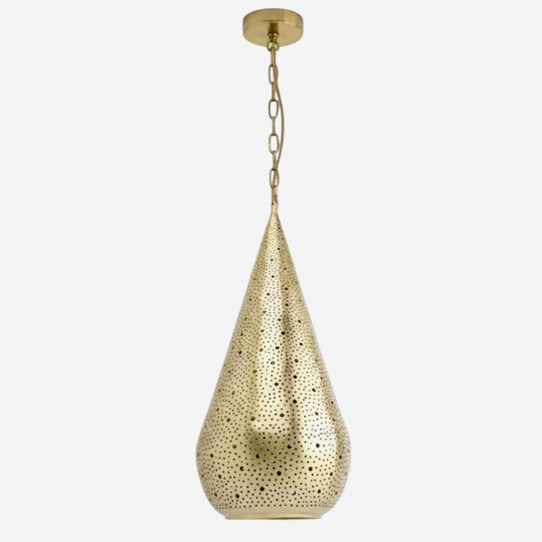 Professional studio shot of a handmade teardrop-shaped Moroccan brass pendant lamp with gold finish and chain.