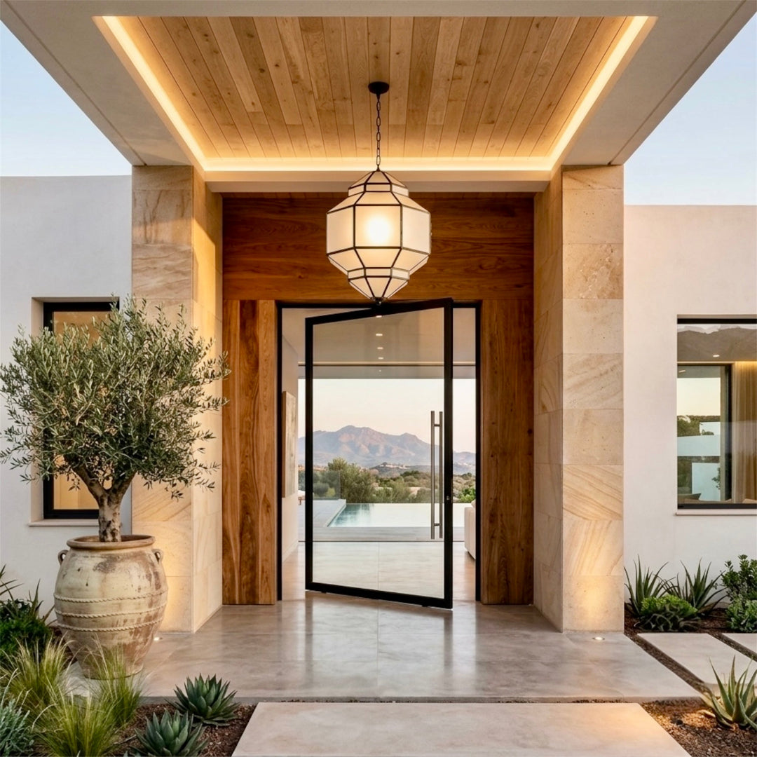 ⁠Glowing handcrafted Moroccan glass pendant light illuminating a modern architectural entryway door.⁠