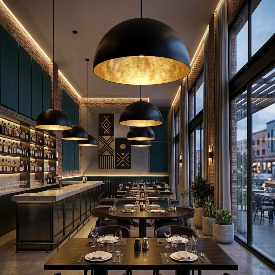 Modern Moroccan handmade dome pendant lights with warm brass glow in an upscale restaurant and bar dining space